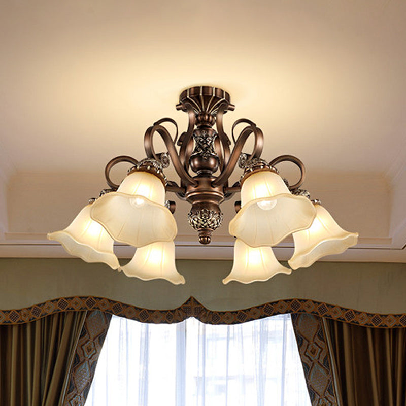 5/6/8 Lights Floral Shade Semi Flush Light Countryside Brown Opal Glass Close to Ceiling Lamp for Living Room Clearhalo 'Ceiling Lights' 'Chandeliers' 'Close To Ceiling Lights' 'Close to ceiling' 'Glass shade' 'Glass' 'Semi-flushmount' Lighting' 1197484