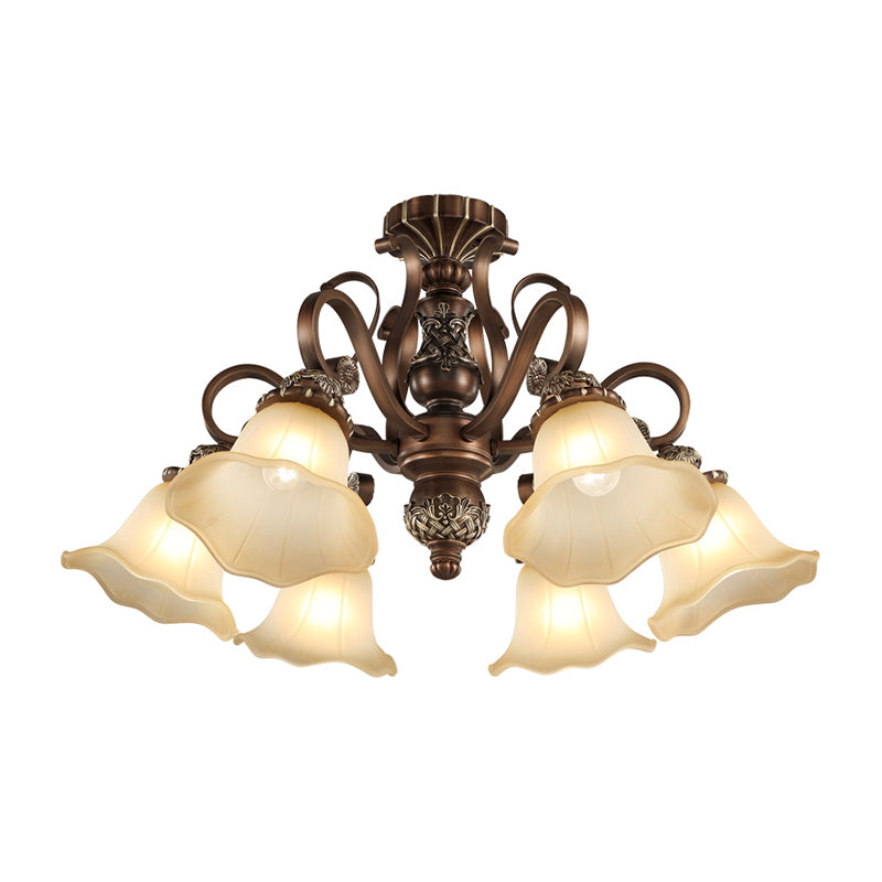 5/6/8 Lights Floral Shade Semi Flush Light Countryside Brown Opal Glass Close to Ceiling Lamp for Living Room Clearhalo 'Ceiling Lights' 'Chandeliers' 'Close To Ceiling Lights' 'Close to ceiling' 'Glass shade' 'Glass' 'Semi-flushmount' Lighting' 1197485