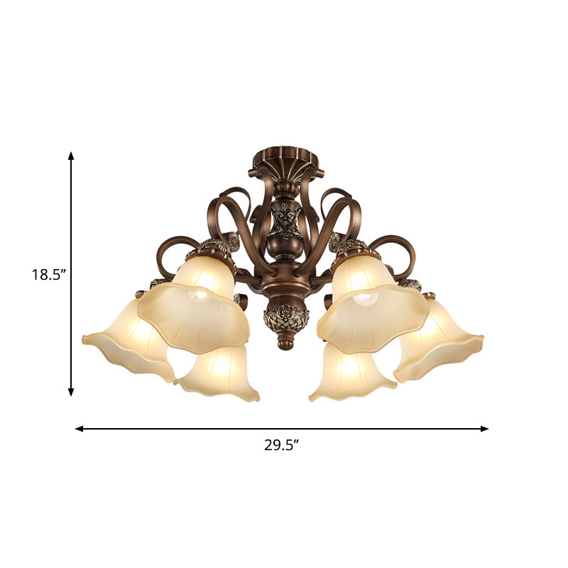 5/6/8 Lights Floral Shade Semi Flush Light Countryside Brown Opal Glass Close to Ceiling Lamp for Living Room Clearhalo 'Ceiling Lights' 'Chandeliers' 'Close To Ceiling Lights' 'Close to ceiling' 'Glass shade' 'Glass' 'Semi-flushmount' Lighting' 1197486