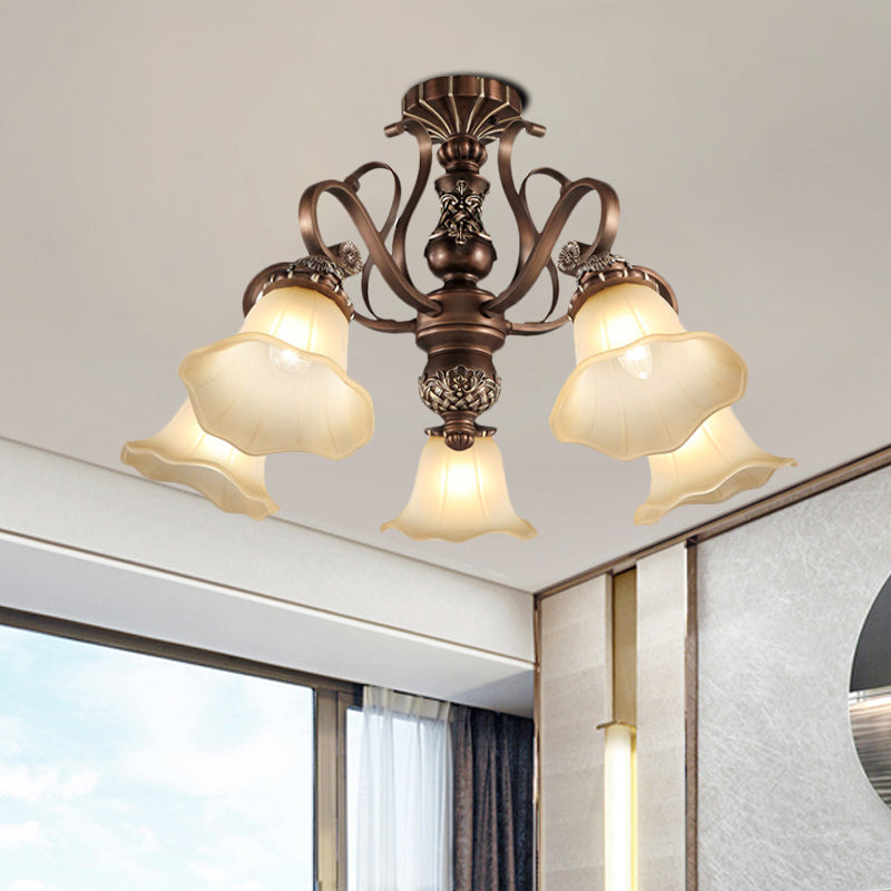 5/6/8 Lights Floral Shade Semi Flush Light Countryside Brown Opal Glass Close to Ceiling Lamp for Living Room Clearhalo 'Ceiling Lights' 'Chandeliers' 'Close To Ceiling Lights' 'Close to ceiling' 'Glass shade' 'Glass' 'Semi-flushmount' Lighting' 1197488