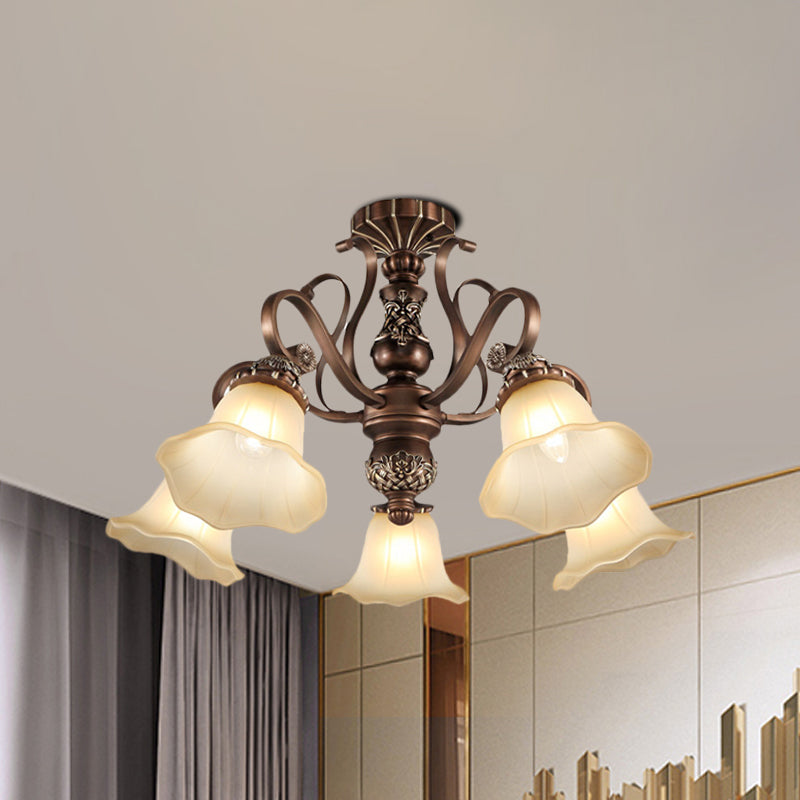 5/6/8 Lights Floral Shade Semi Flush Light Countryside Brown Opal Glass Close to Ceiling Lamp for Living Room Clearhalo 'Ceiling Lights' 'Chandeliers' 'Close To Ceiling Lights' 'Close to ceiling' 'Glass shade' 'Glass' 'Semi-flushmount' Lighting' 1197489
