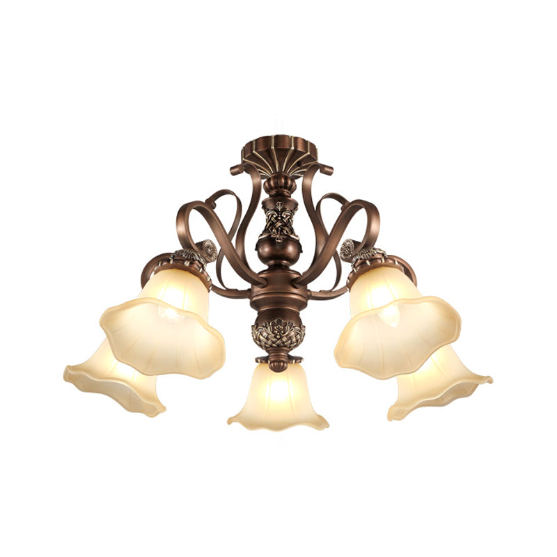 5/6/8 Lights Floral Shade Semi Flush Light Countryside Brown Opal Glass Close to Ceiling Lamp for Living Room Clearhalo 'Ceiling Lights' 'Chandeliers' 'Close To Ceiling Lights' 'Close to ceiling' 'Glass shade' 'Glass' 'Semi-flushmount' Lighting' 1197490