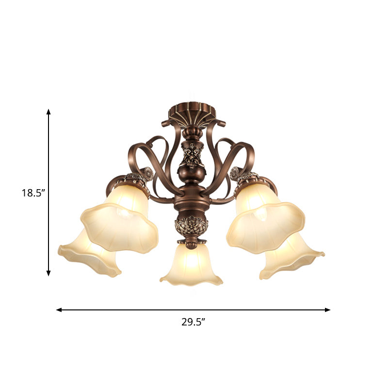 5/6/8 Lights Floral Shade Semi Flush Light Countryside Brown Opal Glass Close to Ceiling Lamp for Living Room Clearhalo 'Ceiling Lights' 'Chandeliers' 'Close To Ceiling Lights' 'Close to ceiling' 'Glass shade' 'Glass' 'Semi-flushmount' Lighting' 1197491