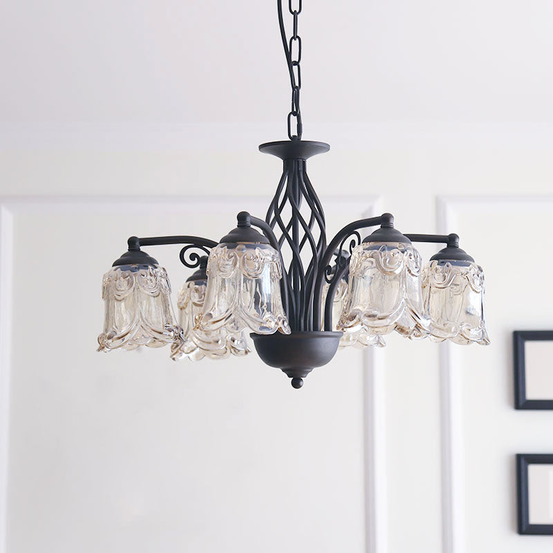 Black Curvy Arm Hanging Chandelier Rural Style Metallic 6/8 Lights Living Room Suspension Pendant Clearhalo 'Ceiling Lights' 'Chandeliers' Lighting' options 1197570