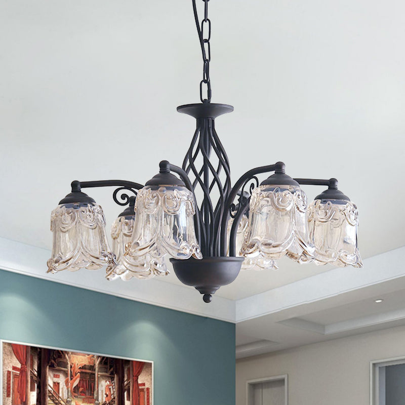 Black Curvy Arm Hanging Chandelier Rural Style Metallic 6/8 Lights Living Room Suspension Pendant Clearhalo 'Ceiling Lights' 'Chandeliers' Lighting' options 1197571