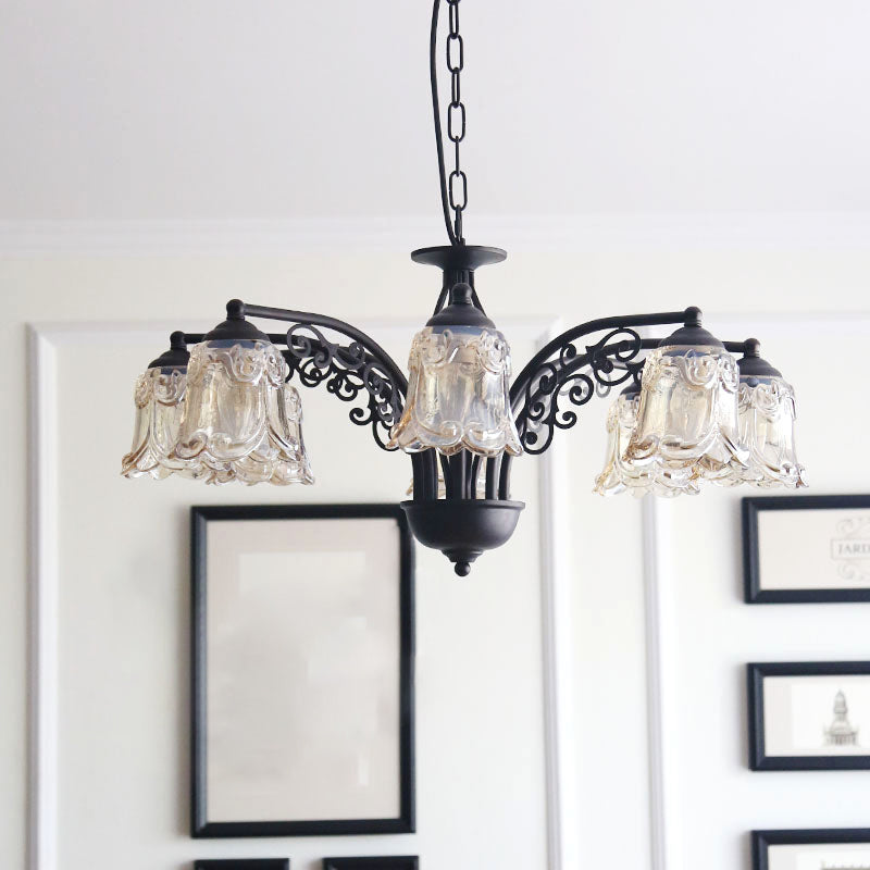 Black Curvy Arm Hanging Chandelier Rural Style Metallic 6/8 Lights Living Room Suspension Pendant Clearhalo 'Ceiling Lights' 'Chandeliers' Lighting' options 1197574