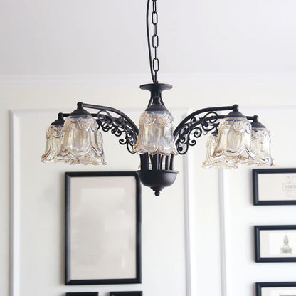 Black Curvy Arm Hanging Chandelier Rural Style Metallic 6/8 Lights Living Room Suspension Pendant 6 Black Clearhalo 'Ceiling Lights' 'Chandeliers' Lighting' options 1197574_3176d335-14a4-4d40-9f22-fae43d163fa8