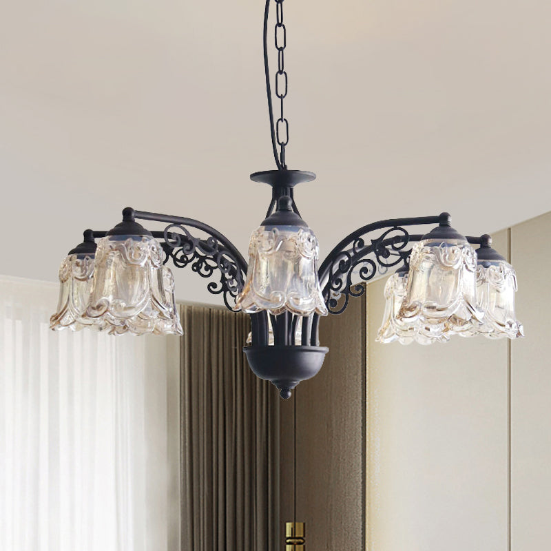 Black Curvy Arm Hanging Chandelier Rural Style Metallic 6/8 Lights Living Room Suspension Pendant Clearhalo 'Ceiling Lights' 'Chandeliers' Lighting' options 1197575