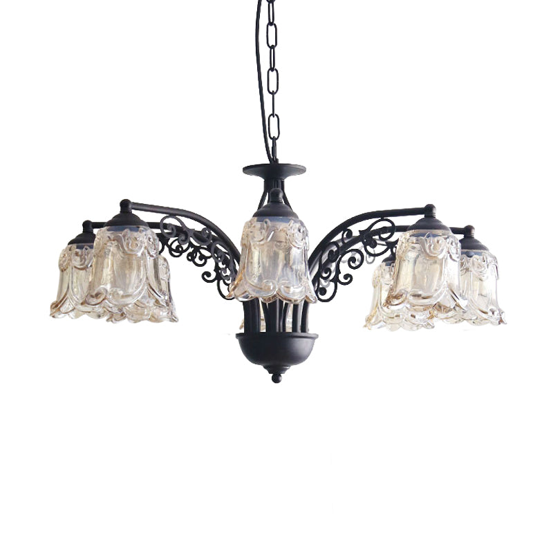 Black Curvy Arm Hanging Chandelier Rural Style Metallic 6/8 Lights Living Room Suspension Pendant Clearhalo 'Ceiling Lights' 'Chandeliers' Lighting' options 1197577