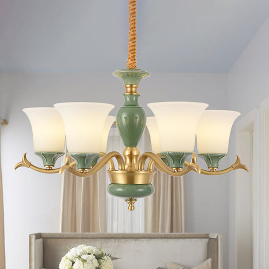 3/6 Bulbs Frosted Glass Suspension Lighting Countryside Green Bell Shaped Guest Room Chandelier Clearhalo 'Ceiling Lights' 'Chandeliers' Lighting' options 1197580