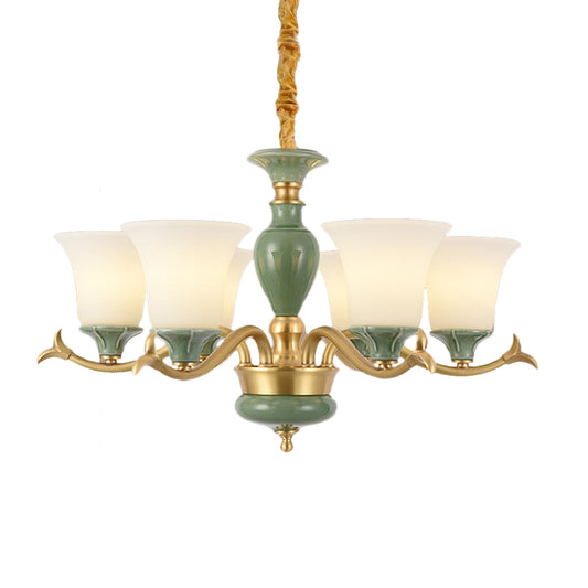3/6 Bulbs Frosted Glass Suspension Lighting Countryside Green Bell Shaped Guest Room Chandelier Clearhalo 'Ceiling Lights' 'Chandeliers' Lighting' options 1197581