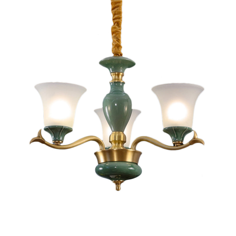 3/6 Bulbs Frosted Glass Suspension Lighting Countryside Green Bell Shaped Guest Room Chandelier Clearhalo 'Ceiling Lights' 'Chandeliers' Lighting' options 1197586