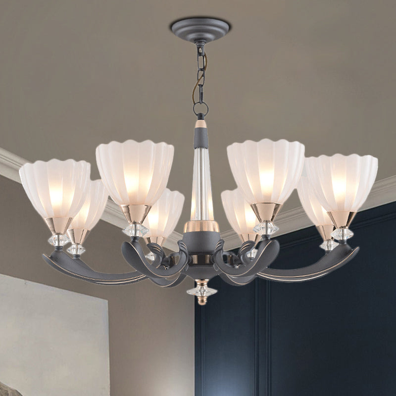 6/8 Bulbs Suspension Pendant with Floral Shade Opal Glass Countryside Guest Room Ceiling Chandelier in Grey Clearhalo 'Ceiling Lights' 'Chandeliers' Lighting' options 1197602