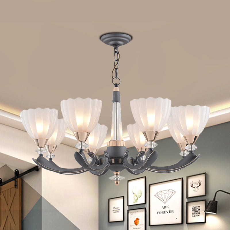 6/8 Bulbs Suspension Pendant with Floral Shade Opal Glass Countryside Guest Room Ceiling Chandelier in Grey Clearhalo 'Ceiling Lights' 'Chandeliers' Lighting' options 1197603