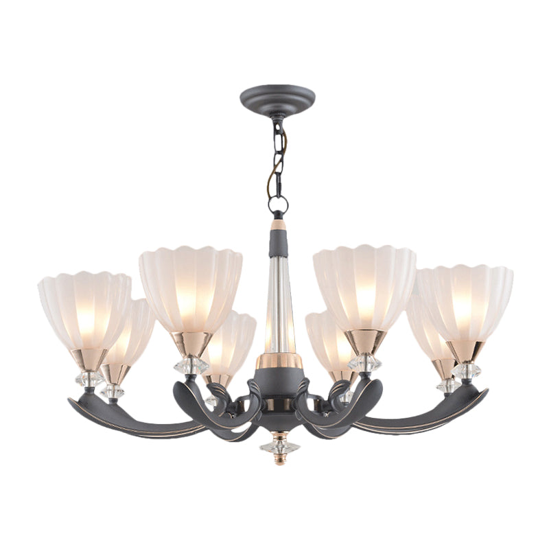 6/8 Bulbs Suspension Pendant with Floral Shade Opal Glass Countryside Guest Room Ceiling Chandelier in Grey Clearhalo 'Ceiling Lights' 'Chandeliers' Lighting' options 1197604