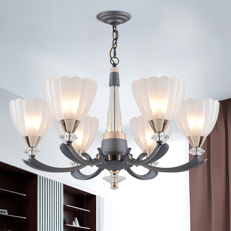 6/8 Bulbs Suspension Pendant with Floral Shade Opal Glass Countryside Guest Room Ceiling Chandelier in Grey 6 Grey Clearhalo 'Ceiling Lights' 'Chandeliers' Lighting' options 1197606_a9be8ce4-2400-42f0-86fa-f29c3b3e3015