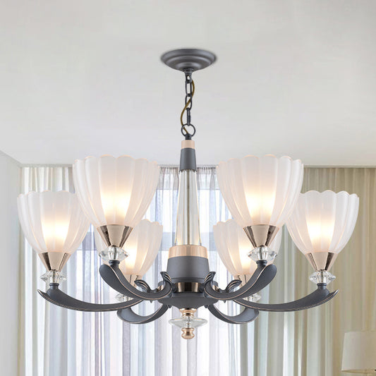 6/8 Bulbs Suspension Pendant with Floral Shade Opal Glass Countryside Guest Room Ceiling Chandelier in Grey Clearhalo 'Ceiling Lights' 'Chandeliers' Lighting' options 1197607