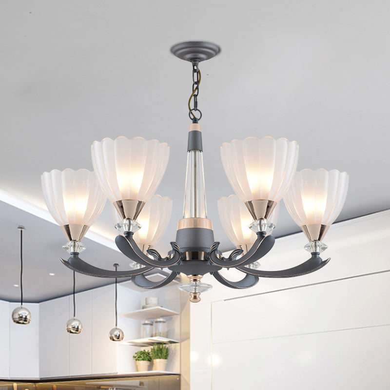 6/8 Bulbs Suspension Pendant with Floral Shade Opal Glass Countryside Guest Room Ceiling Chandelier in Grey Clearhalo 'Ceiling Lights' 'Chandeliers' Lighting' options 1197608
