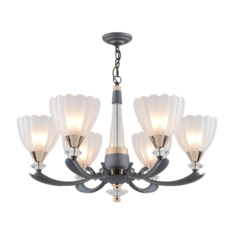 6/8 Bulbs Suspension Pendant with Floral Shade Opal Glass Countryside Guest Room Ceiling Chandelier in Grey Clearhalo 'Ceiling Lights' 'Chandeliers' Lighting' options 1197609