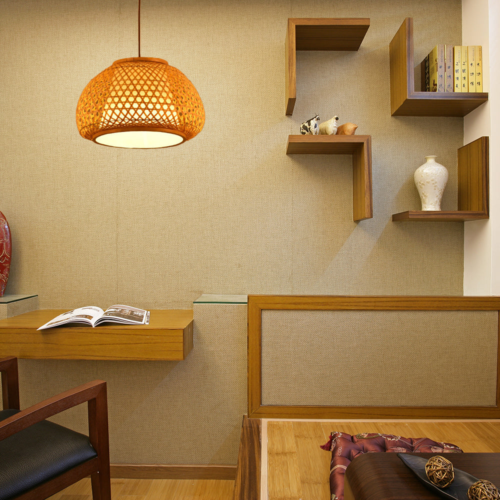 Hand Knitted Bamboo Lantern Drop Light for Restaurant Asian 1 Head Pendant Lamp with Paper Interior Shade Clearhalo 'Ceiling Lights' 'Pendant Lights' 'Pendants' Lighting' 119761