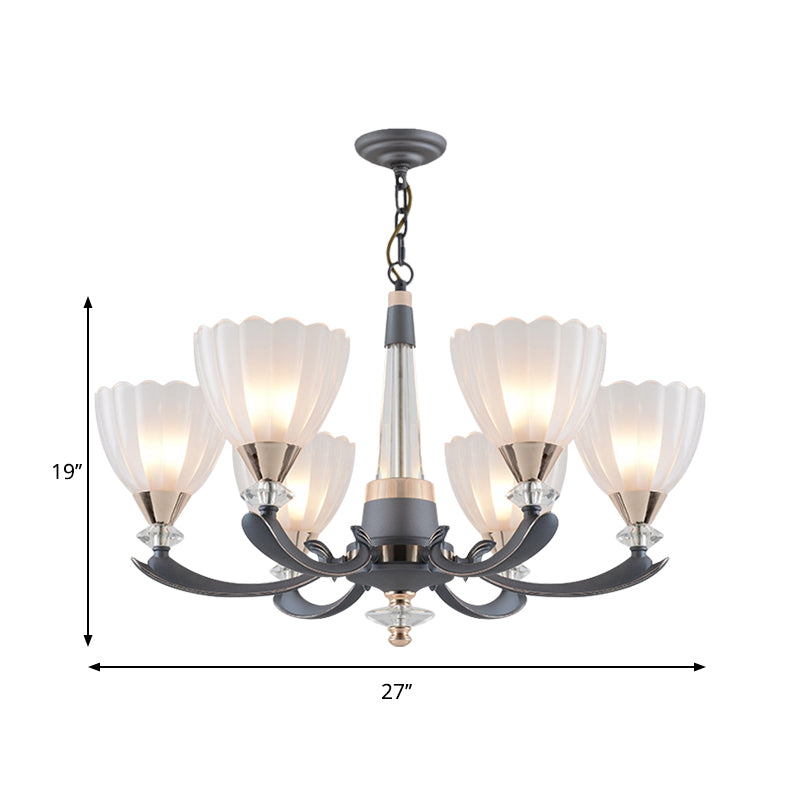 6/8 Bulbs Suspension Pendant with Floral Shade Opal Glass Countryside Guest Room Ceiling Chandelier in Grey Clearhalo 'Ceiling Lights' 'Chandeliers' Lighting' options 1197610