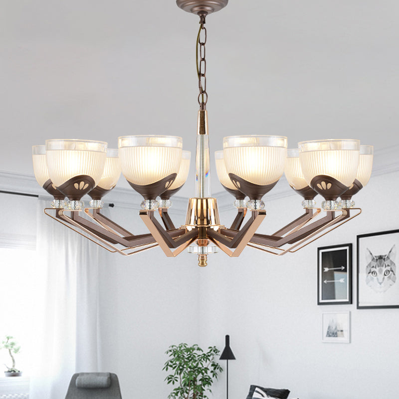 Coffee Bowl Shaped Pendant Chandelier Rural Style Cream Glass 3/6/8/10-Head Living Room Suspension Lighting 10 Coffee Clearhalo 'Ceiling Lights' 'Chandeliers' 'Close To Ceiling Lights' 'Glass shade' 'Glass' Lighting' 1197611
