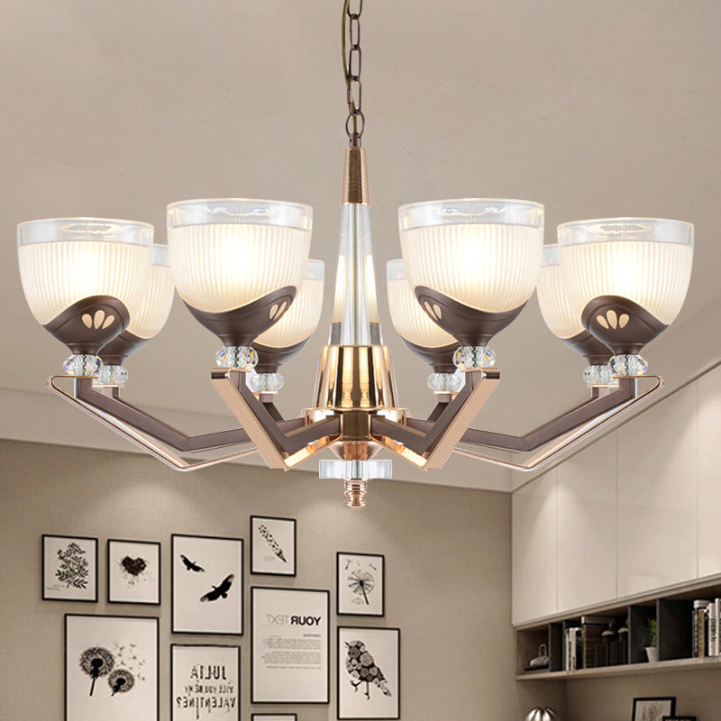 Coffee Bowl Shaped Pendant Chandelier Rural Style Cream Glass 3/6/8/10-Head Living Room Suspension Lighting 8 Coffee Clearhalo 'Ceiling Lights' 'Chandeliers' 'Close To Ceiling Lights' 'Glass shade' 'Glass' Lighting' 1197615