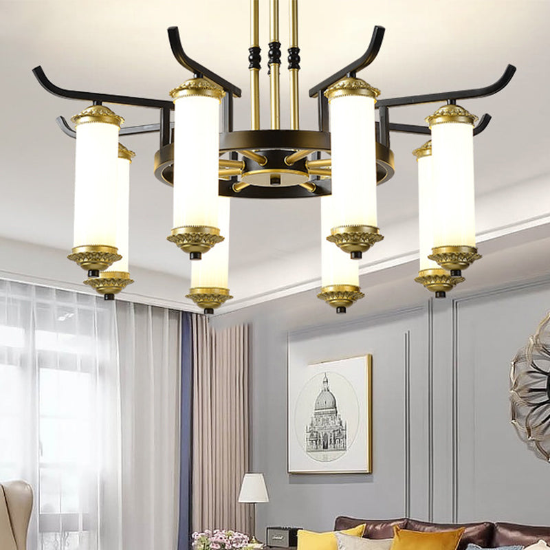 8/10 Bulbs Chandelier Lighting Fixture Countryside Column Frosted Glass Ceiling Lamp in Black-Gold Clearhalo 'Ceiling Lights' 'Chandeliers' Lighting' options 1197630
