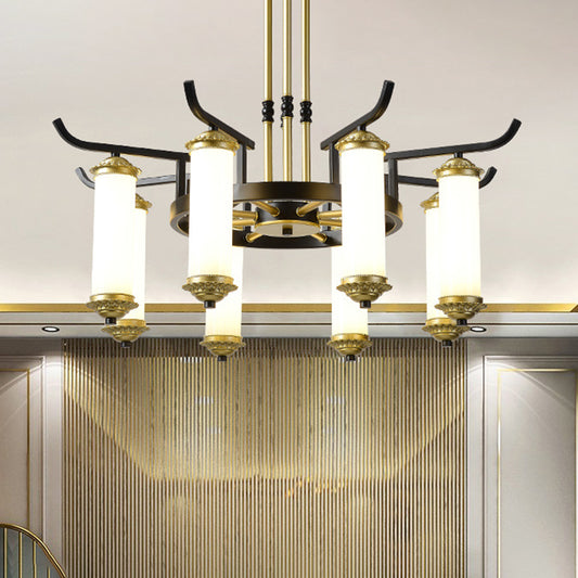 8/10 Bulbs Chandelier Lighting Fixture Countryside Column Frosted Glass Ceiling Lamp in Black-Gold Clearhalo 'Ceiling Lights' 'Chandeliers' Lighting' options 1197631