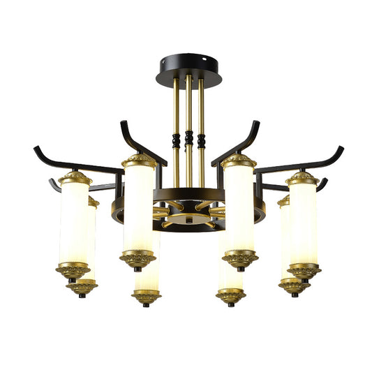 8/10 Bulbs Chandelier Lighting Fixture Countryside Column Frosted Glass Ceiling Lamp in Black-Gold Clearhalo 'Ceiling Lights' 'Chandeliers' Lighting' options 1197632