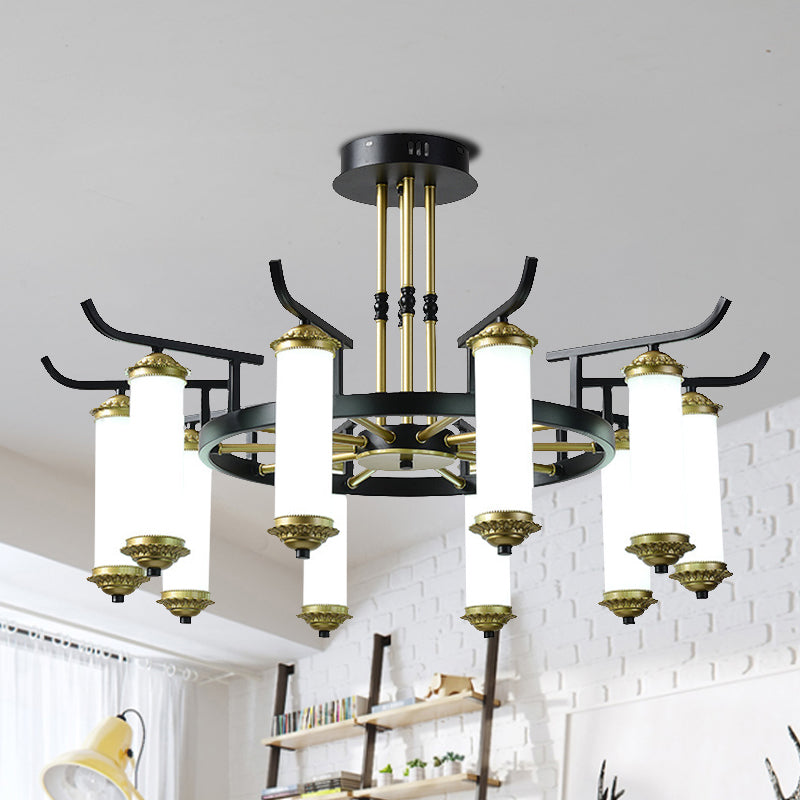8/10 Bulbs Chandelier Lighting Fixture Countryside Column Frosted Glass Ceiling Lamp in Black-Gold Clearhalo 'Ceiling Lights' 'Chandeliers' Lighting' options 1197634