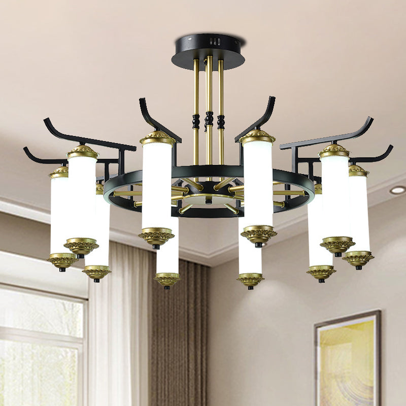 8/10 Bulbs Chandelier Lighting Fixture Countryside Column Frosted Glass Ceiling Lamp in Black-Gold Clearhalo 'Ceiling Lights' 'Chandeliers' Lighting' options 1197635