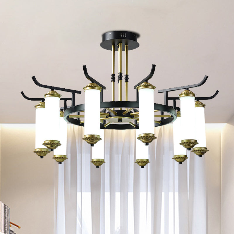 8/10 Bulbs Chandelier Lighting Fixture Countryside Column Frosted Glass Ceiling Lamp in Black-Gold Clearhalo 'Ceiling Lights' 'Chandeliers' Lighting' options 1197636
