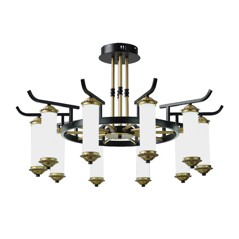8/10 Bulbs Chandelier Lighting Fixture Countryside Column Frosted Glass Ceiling Lamp in Black-Gold Clearhalo 'Ceiling Lights' 'Chandeliers' Lighting' options 1197637