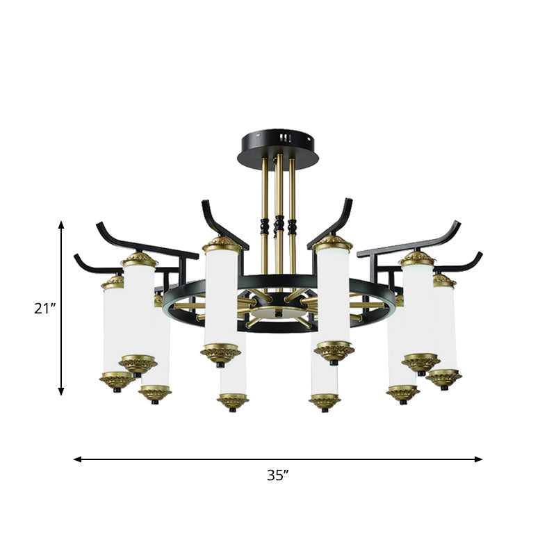 8/10 Bulbs Chandelier Lighting Fixture Countryside Column Frosted Glass Ceiling Lamp in Black-Gold Clearhalo 'Ceiling Lights' 'Chandeliers' Lighting' options 1197638