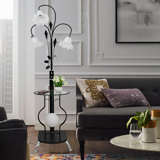 Black/White 3-Bulb Floor Light Countryside Metal Curved Arm Standing Lamp with Floral Glass Shade Black Clearhalo 'Floor Lamps' 'Lamps' Lighting' 1197685