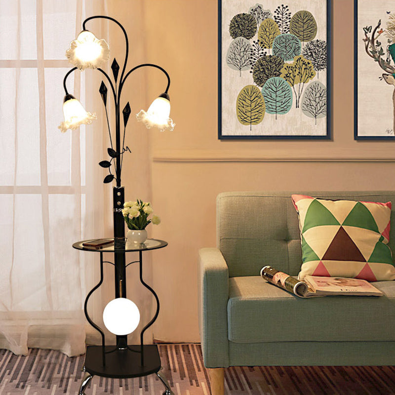 Black/White 3-Bulb Floor Light Countryside Metal Curved Arm Standing Lamp with Floral Glass Shade Clearhalo 'Floor Lamps' 'Lamps' Lighting' 1197686