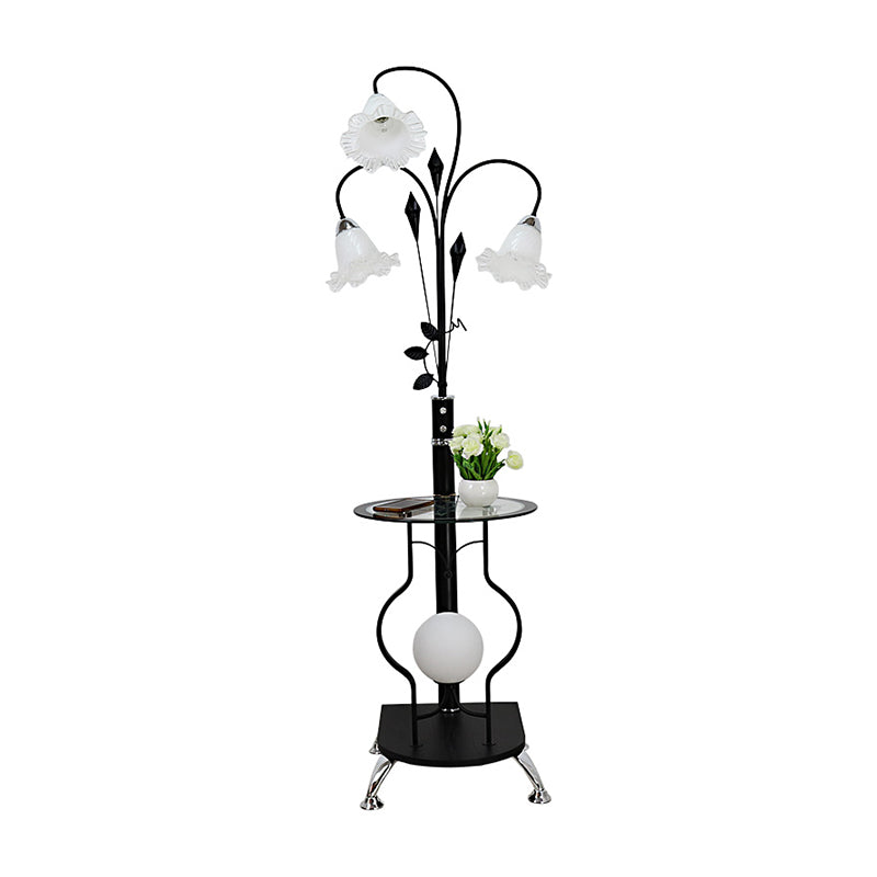 Black/White 3-Bulb Floor Light Countryside Metal Curved Arm Standing Lamp with Floral Glass Shade Clearhalo 'Floor Lamps' 'Lamps' Lighting' 1197687
