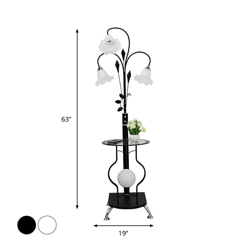 Black/White 3-Bulb Floor Light Countryside Metal Curved Arm Standing Lamp with Floral Glass Shade Clearhalo 'Floor Lamps' 'Lamps' Lighting' 1197688
