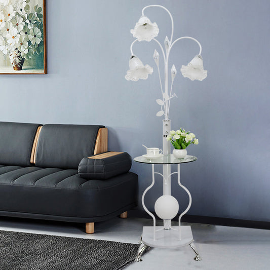 Black/White 3-Bulb Floor Light Countryside Metal Curved Arm Standing Lamp with Floral Glass Shade Clearhalo 'Floor Lamps' 'Lamps' Lighting' 1197690