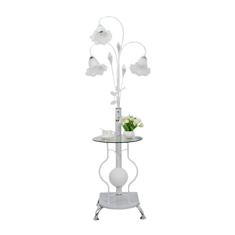 Black/White 3-Bulb Floor Light Countryside Metal Curved Arm Standing Lamp with Floral Glass Shade Clearhalo 'Floor Lamps' 'Lamps' Lighting' 1197692
