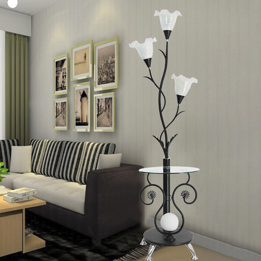 3 Lights Faceted Glass Floor Light Countryside Black/White Floral Shade Living Room Standing Floor Lamp Black Clearhalo 'Floor Lamps' 'Lamps' Lighting' 1197709