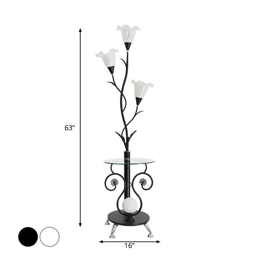 3 Lights Faceted Glass Floor Light Countryside Black/White Floral Shade Living Room Standing Floor Lamp Clearhalo 'Floor Lamps' 'Lamps' Lighting' 1197712