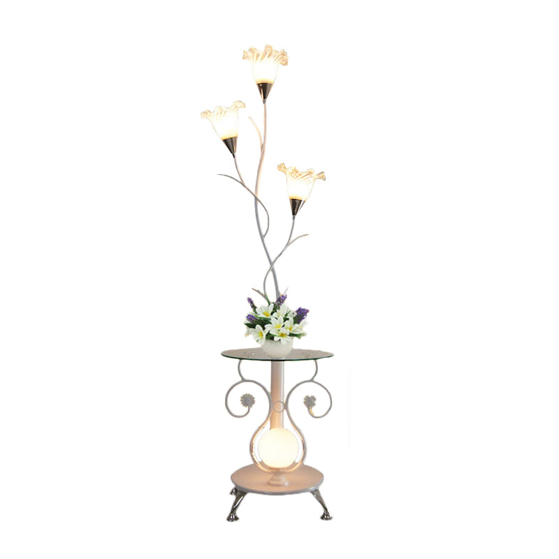 3 Lights Faceted Glass Floor Light Countryside Black/White Floral Shade Living Room Standing Floor Lamp Clearhalo 'Floor Lamps' 'Lamps' Lighting' 1197716