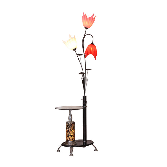 Countryside Tree Shaped Floor Light Metallic 3-Light Standing Lamp in Black with Floral Crystal Shade Clearhalo 'Floor Lamps' 'Lamps' Lighting' 1197763