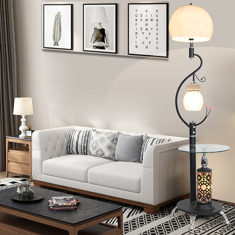 Black/White Dome Shade Task Floor Lamp Countryside Style Beveled Crystal 2-Bulb Standing Light Clearhalo 'Floor Lamps' 'Lamps' Lighting' 1197766