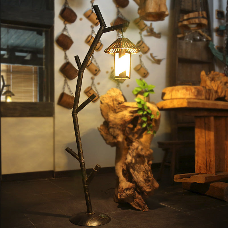 Black Tree Design Floor Lamp Rural Metallic 1-Bulb Coffee Shop Floor Light with Barrel Crystal Shade Clearhalo 'Floor Lamps' 'Lamps' Lighting' 1197778