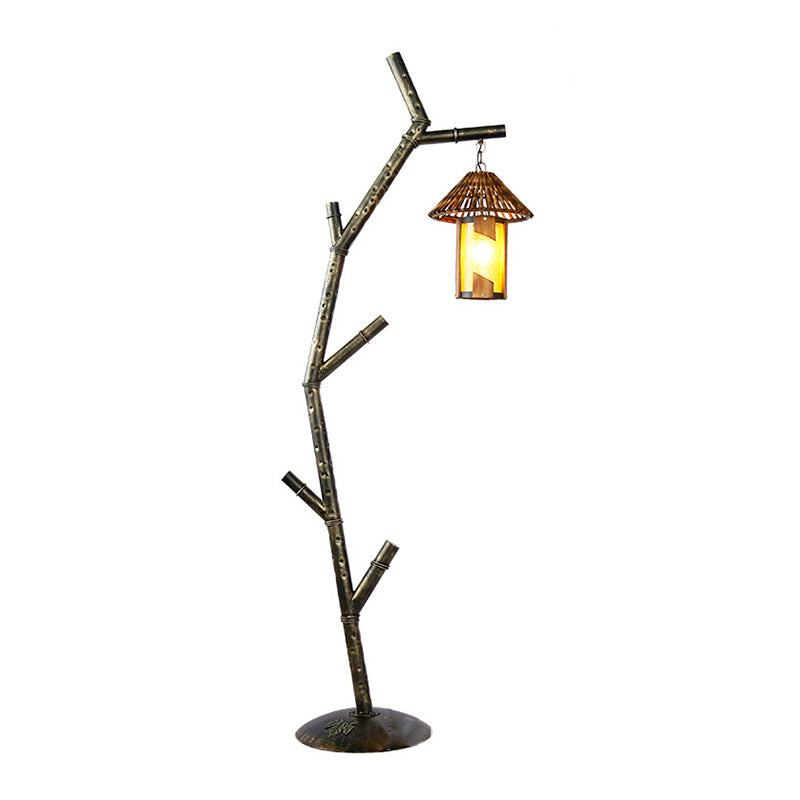 Black Tree Design Floor Lamp Rural Metallic 1-Bulb Coffee Shop Floor Light with Barrel Crystal Shade Clearhalo 'Floor Lamps' 'Lamps' Lighting' 1197779