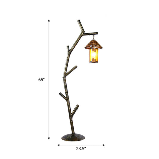 Black Tree Design Floor Lamp Rural Metallic 1-Bulb Coffee Shop Floor Light with Barrel Crystal Shade Clearhalo 'Floor Lamps' 'Lamps' Lighting' 1197780