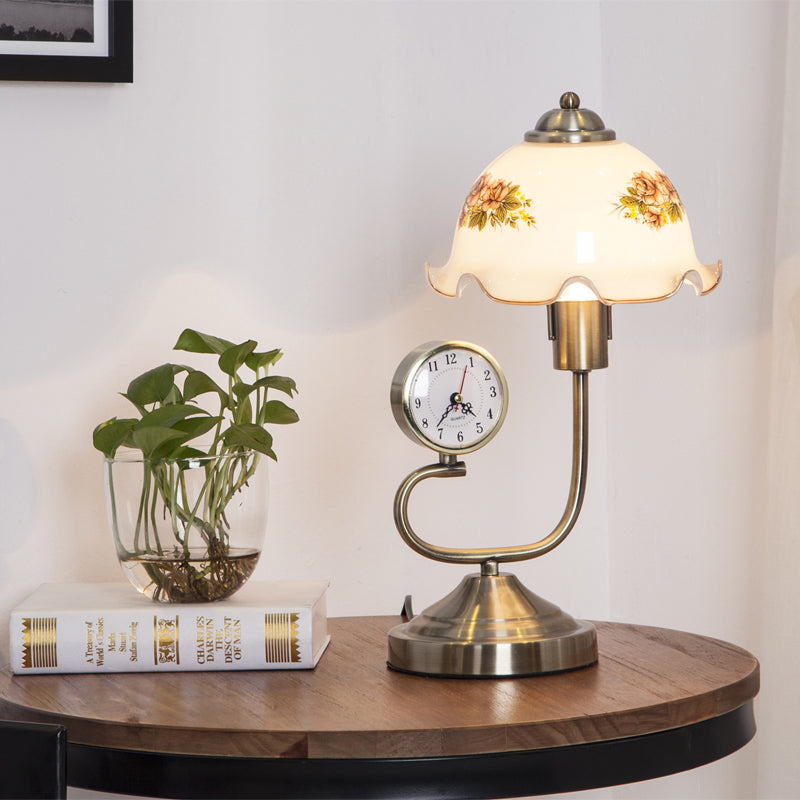 1 Head Floral Shade Table Lamp Rural Style Beveled Crystal Nightstand Lamp in Brass Clearhalo 'Lamps' 'Table Lamps' Lighting' 1197810
